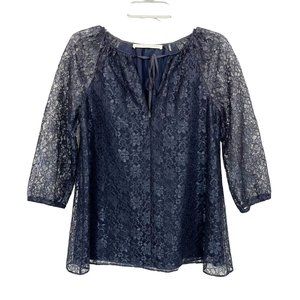 Susana Monaco Navy Blue Lace Puff Sleeve Boxy Fit Blouse - Size 4